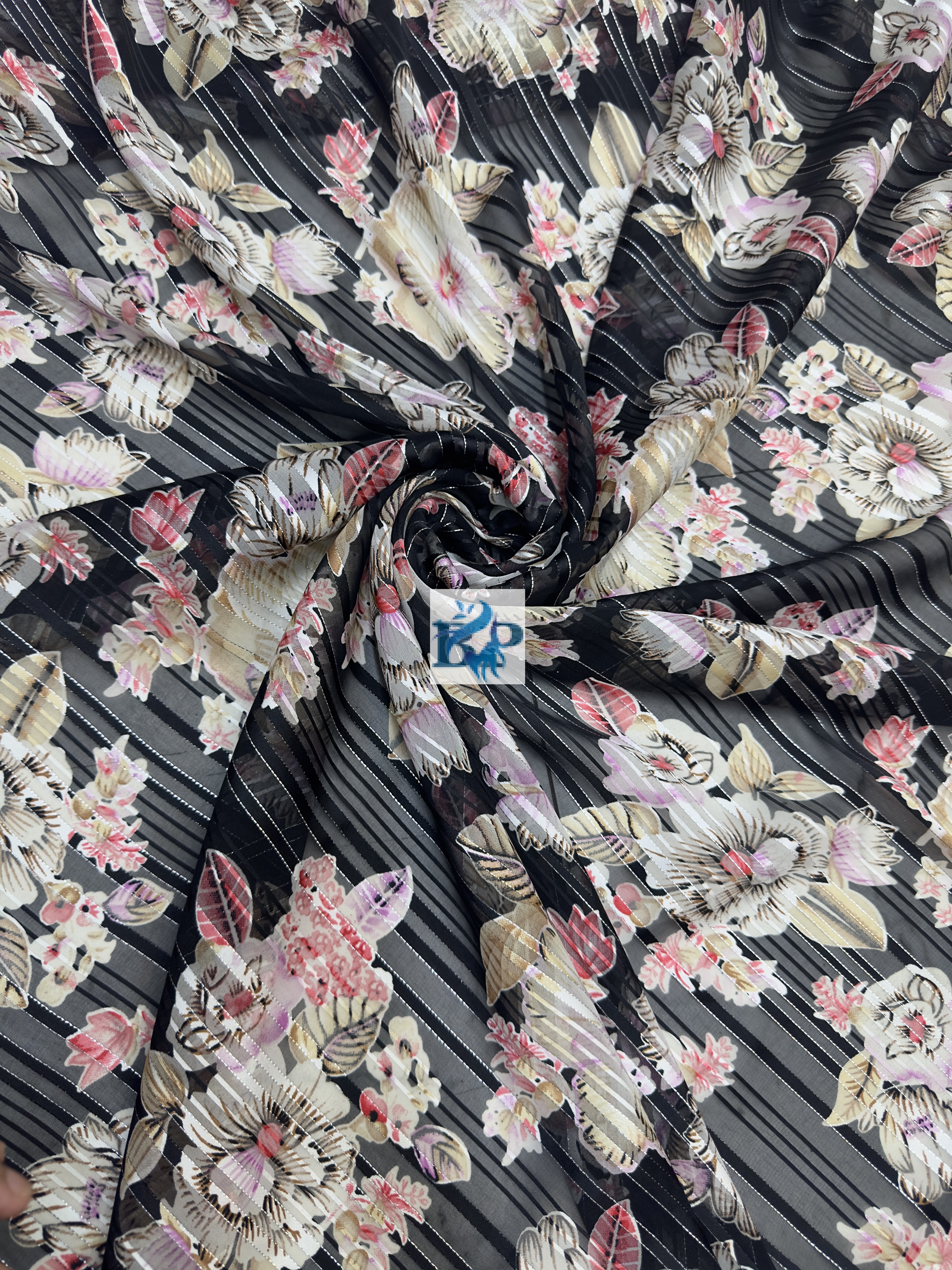 Strip lenin multicolor floral design printed chiffon georgette fabric