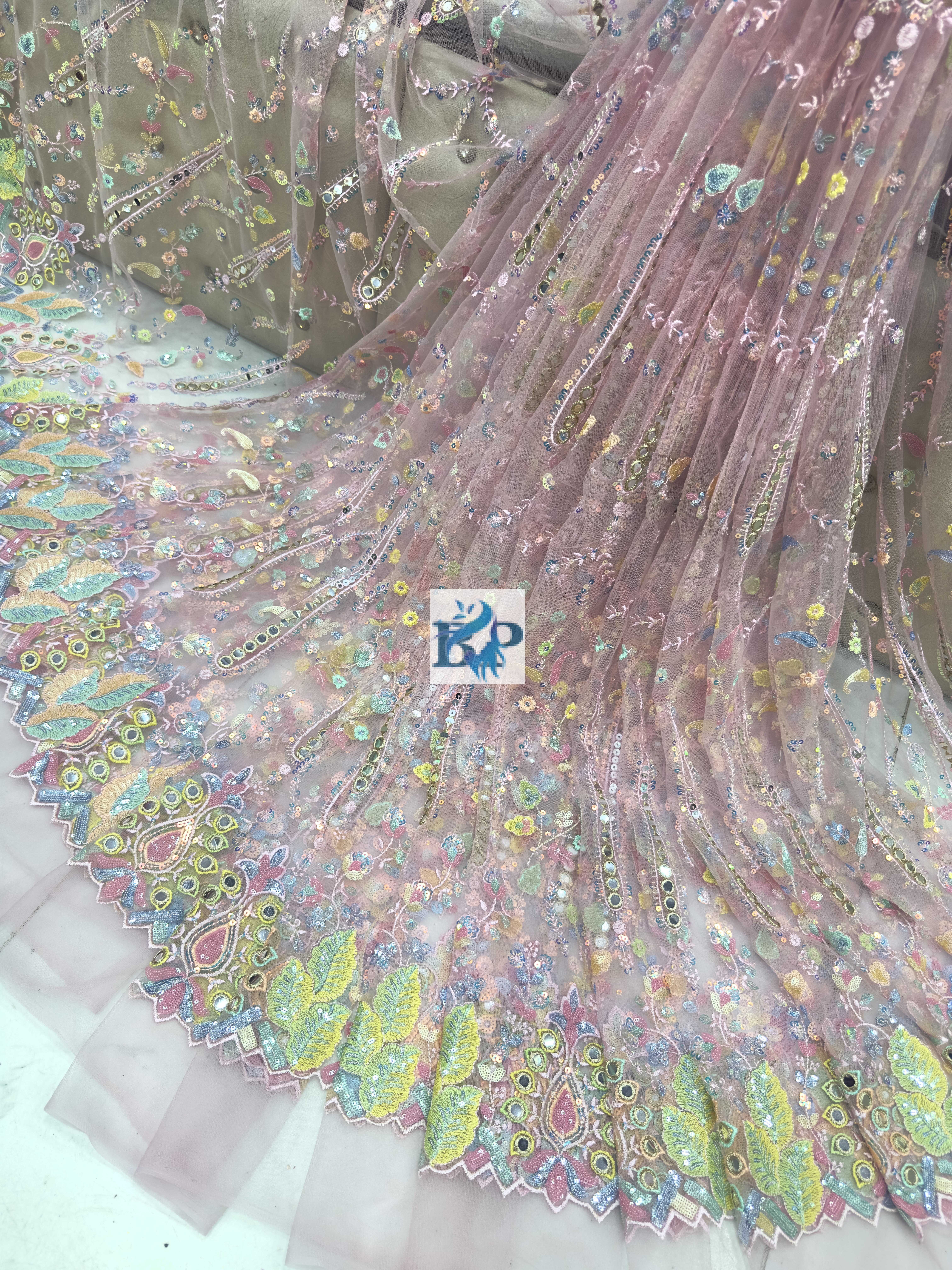 New multicolour mirror work net fabric