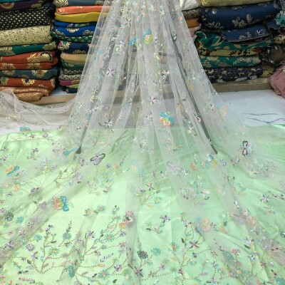 MESH Embroidery’s Fabric With Beaded Flowers With Glitter 