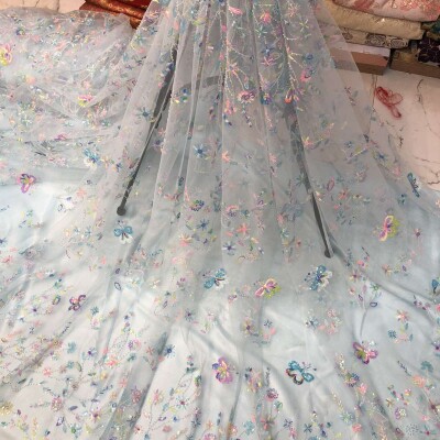 MESH Embroidery’s Fabric With Beaded Flowers With Glitter 